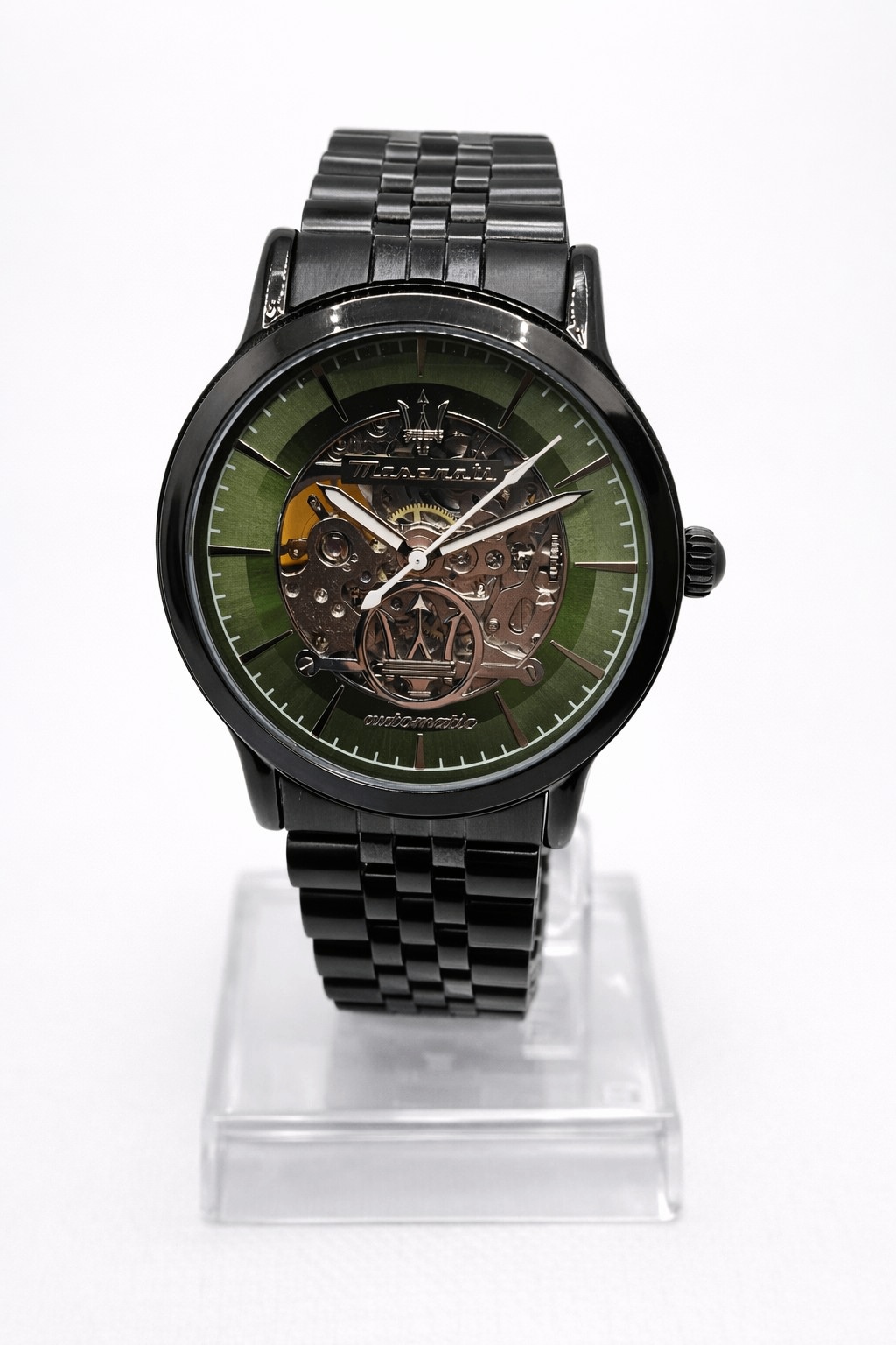 Skeleton Automatic Watch – Black Steel with Green Dial
