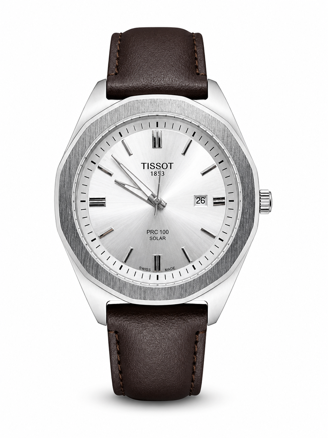 Swiss Style Solar Silver Dial Brown Leather Watch