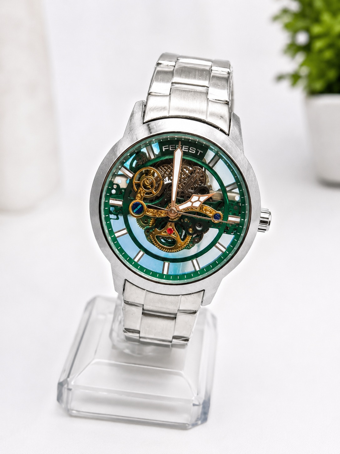 FOREST Premium Skeleton Watch – Silver Green Edition