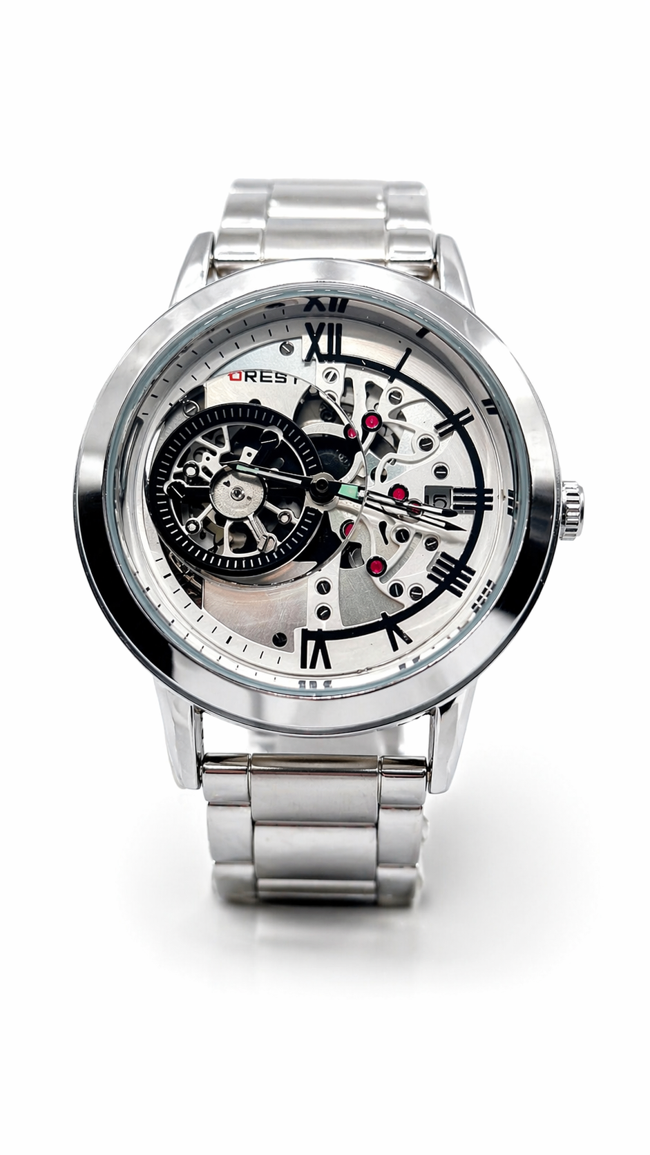 FOREST Skeleton Analog Watch – Stainless Steel Silver