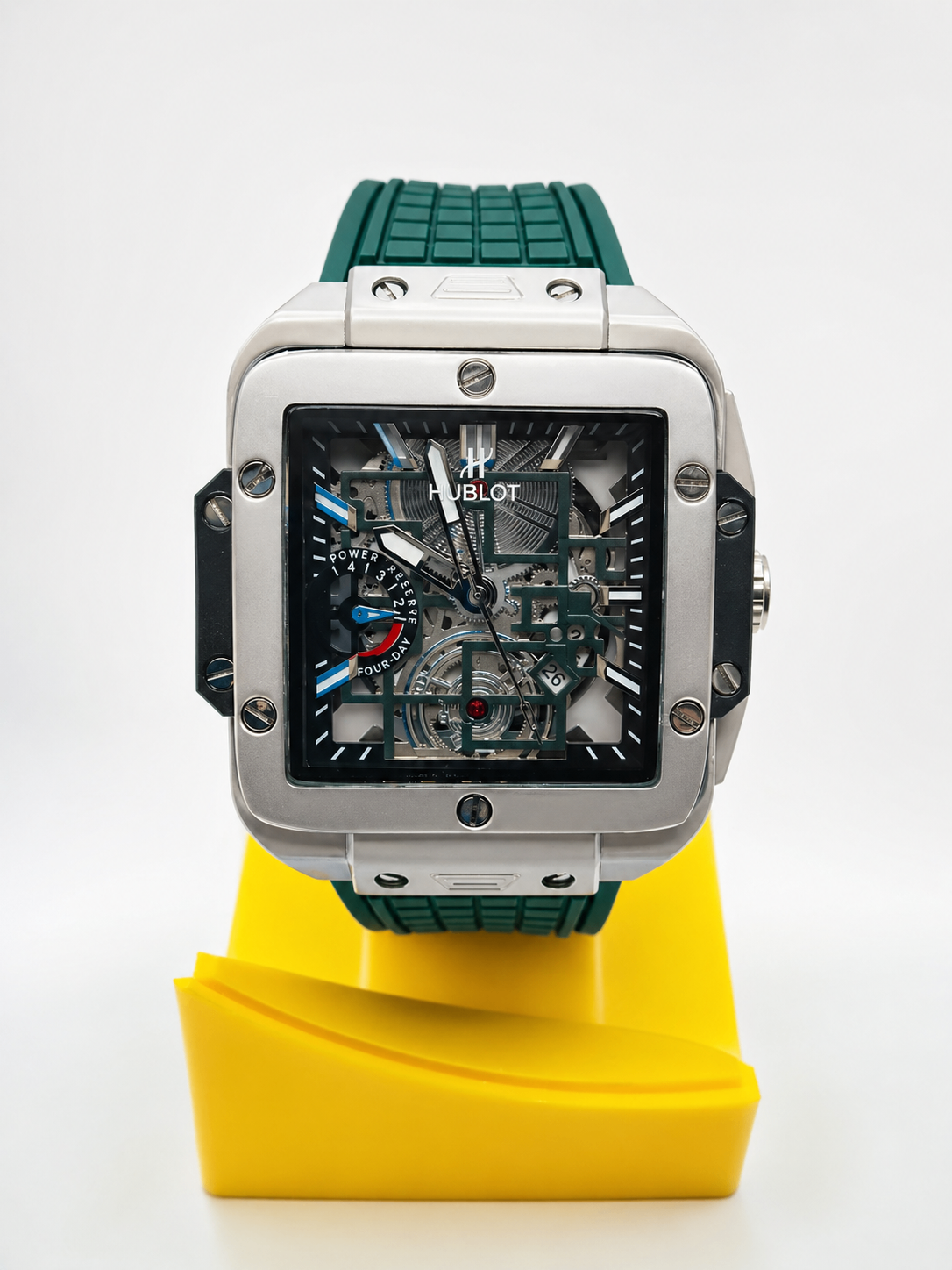 Skeleton Square Dial Watch – Green Strap Edition